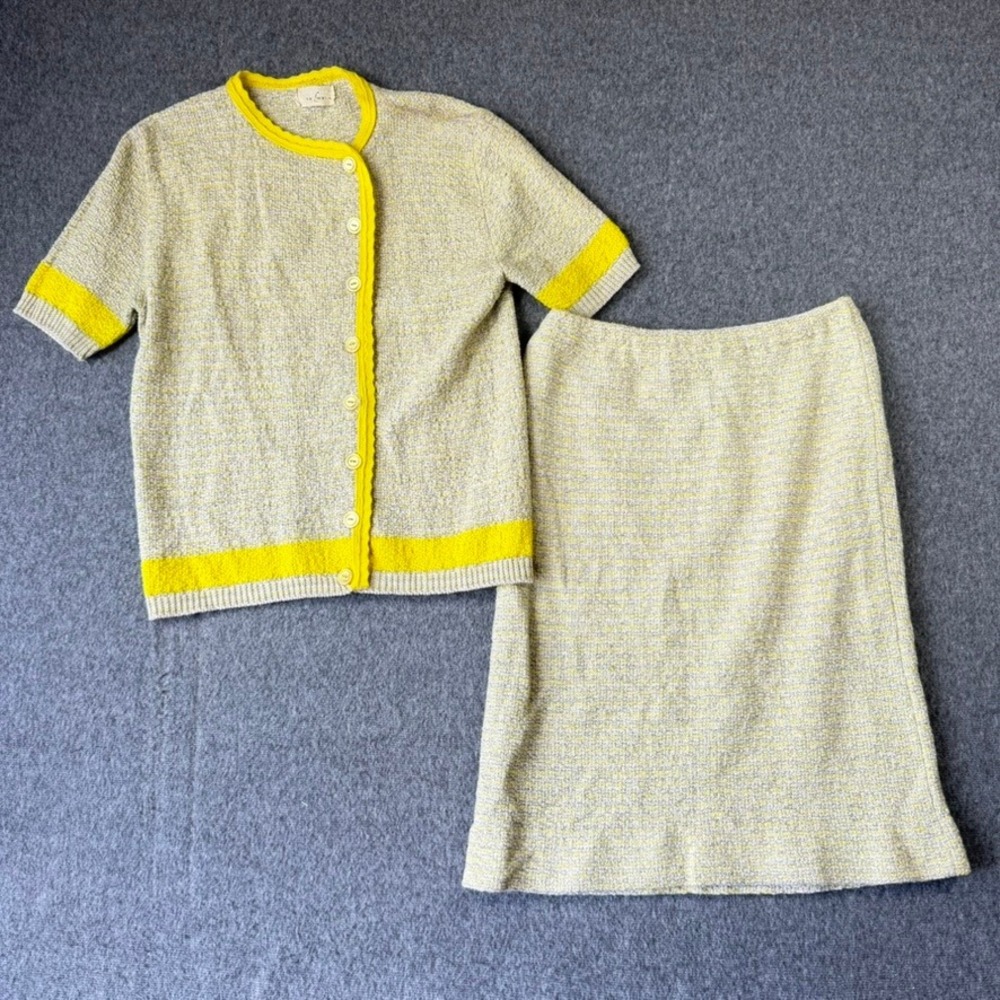 Vintage Carlotta‎ Knit Skirt Set Yellow Grey Marled Short Sleeve Cardigan 2pc